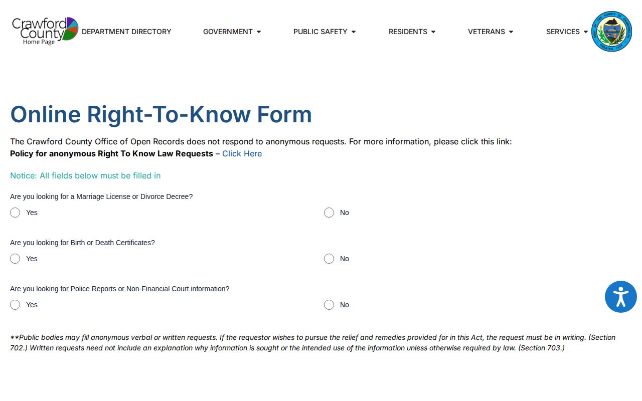 Crawford County booking photo and release record request form