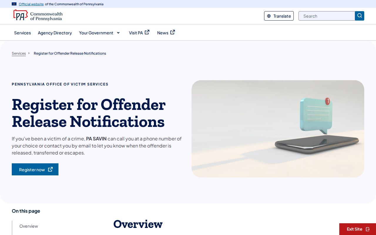 PA SAVIN Crawford County release notification and PIN instructions