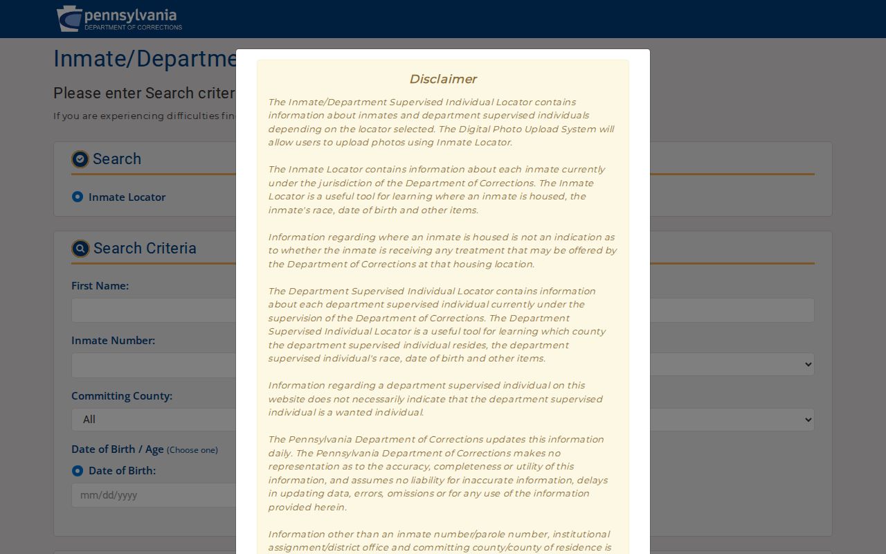 Pennsylvania DOC Crawford County released inmate and parolee search choices
