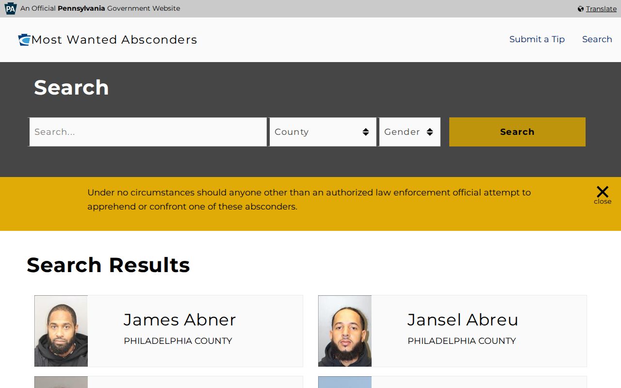Pennsylvania absconder search for Crawford County state parole records